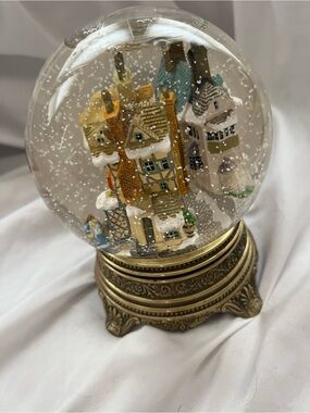 Vintage Franklin Mint Gold-Base Snow Globe with Yellow and White Village